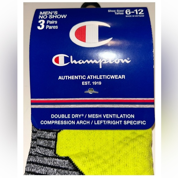 Champion No Show Socks 3 Pair Men's 6-12 Black Yellow Blue w Toe Logo NEW! $18 - Picture 3 of 11